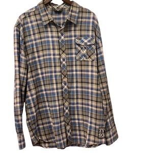 Zoo York XXL plaid blue/brown/cream long sleeve light flannel shirt with pocket